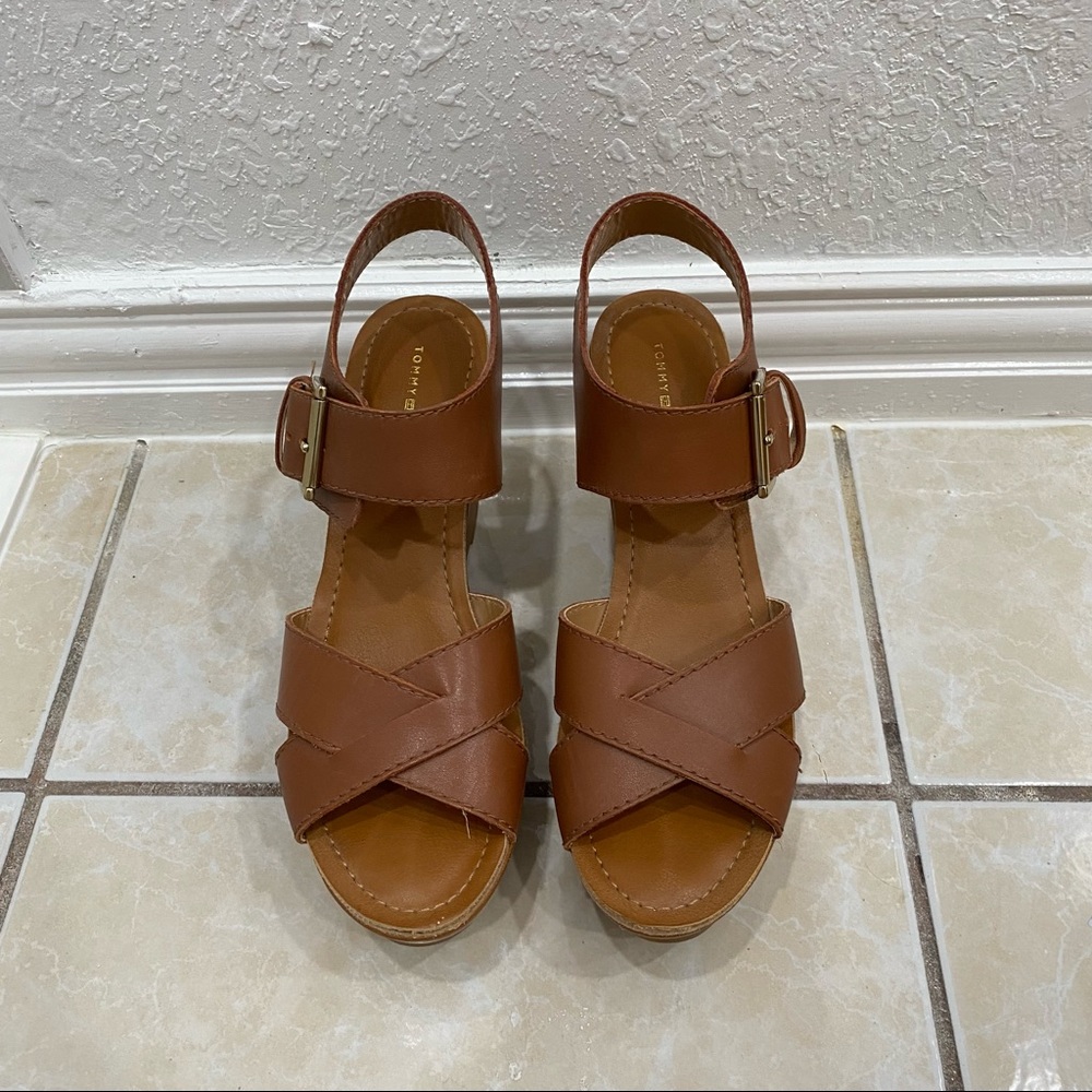 Brown leather wedges